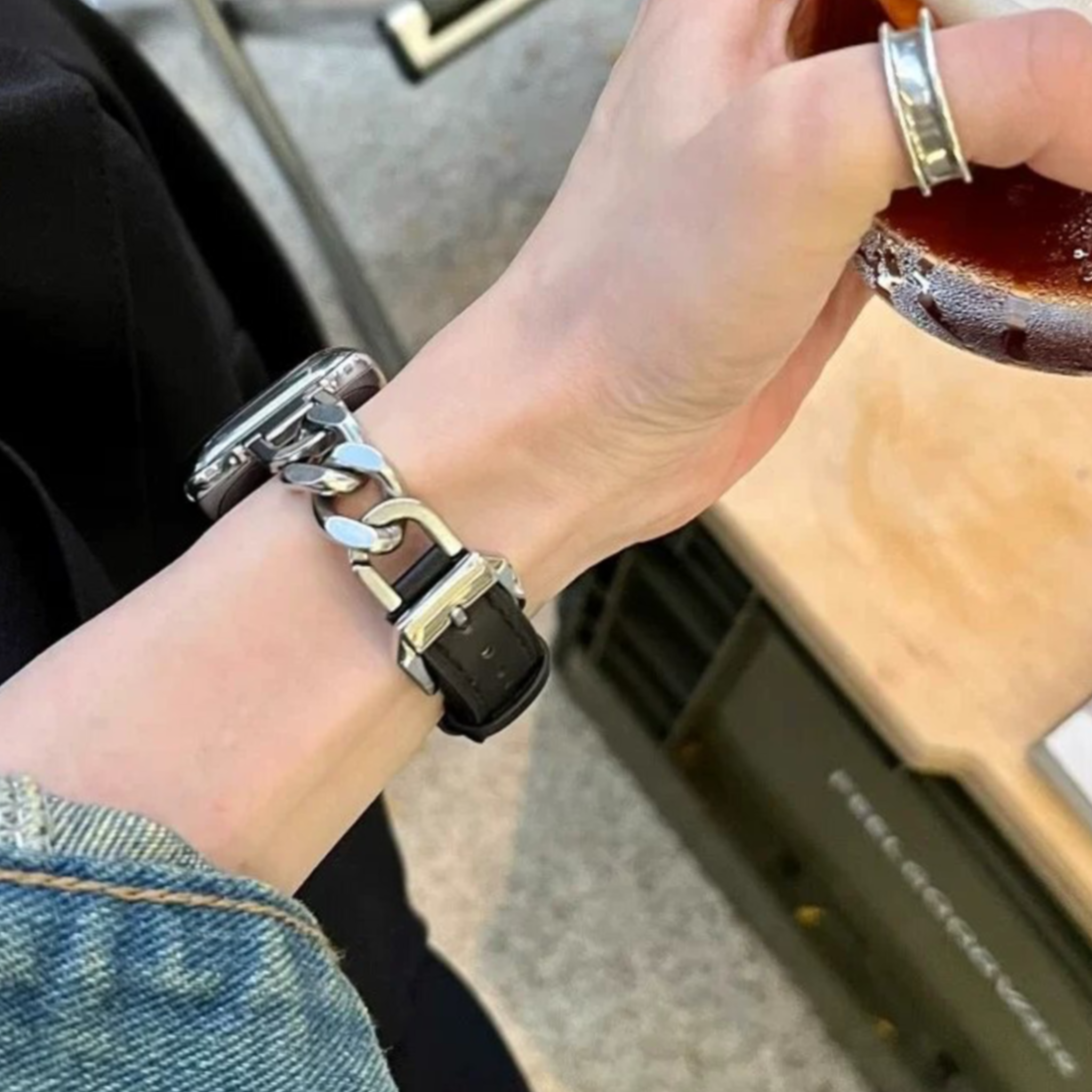 Leather Link Apple Watch Band - Black/Silver, on wrist, side view