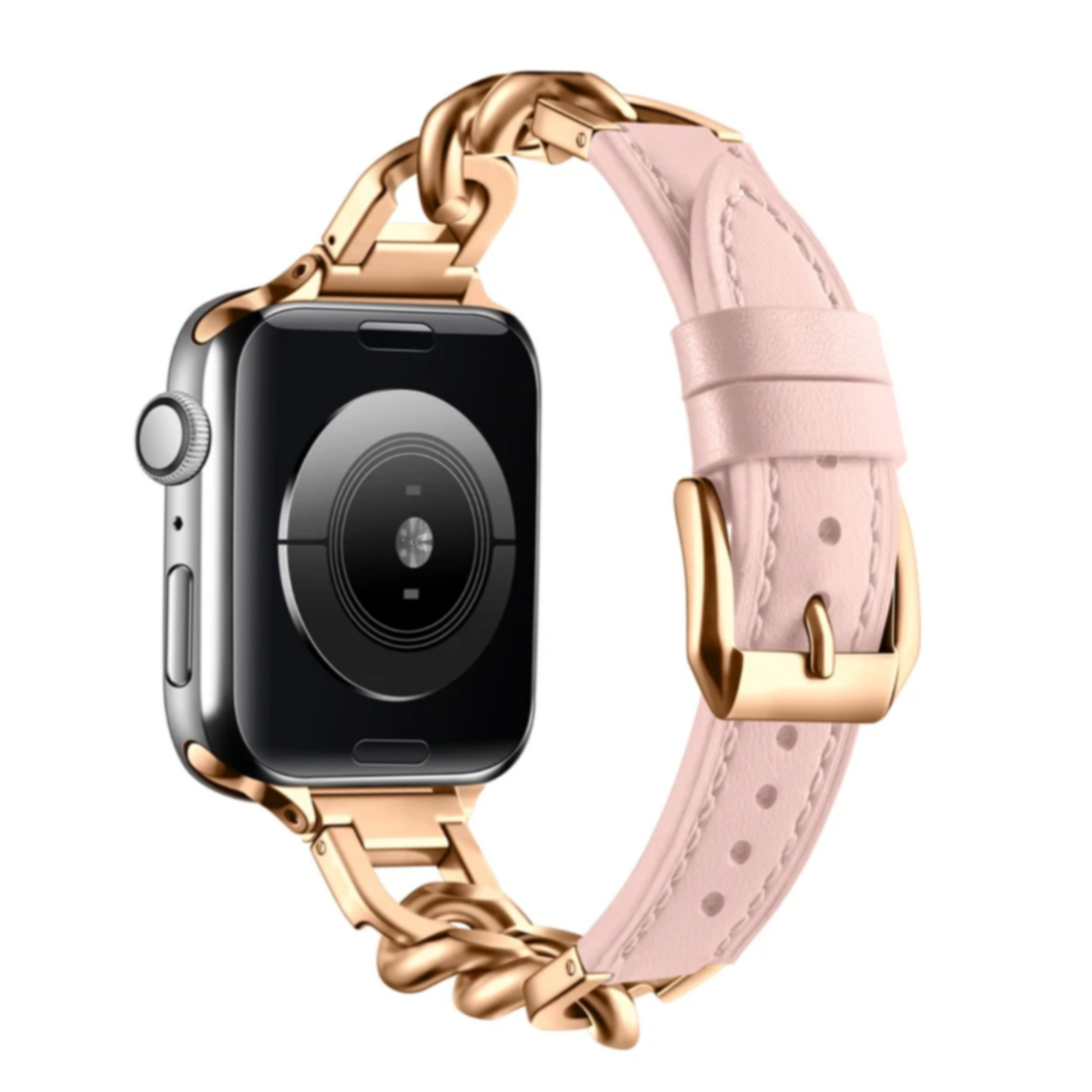 Leather Link Apple Watch Band - Pink/Rose Gold, side view, up close, with apple watch